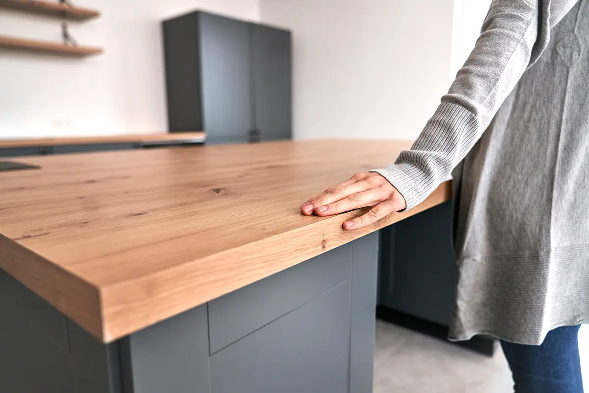 Arbeitsplatten modernisieren Eine Frau steht auf einer Holzarbeitsplatte