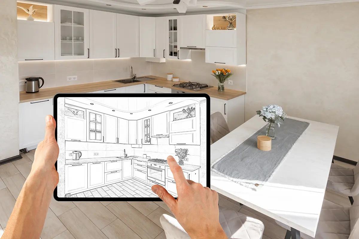 wv - 3D-Visualisierung Eine Person hält ein Tablet mit einer Zeichnung einer modernen Küche
