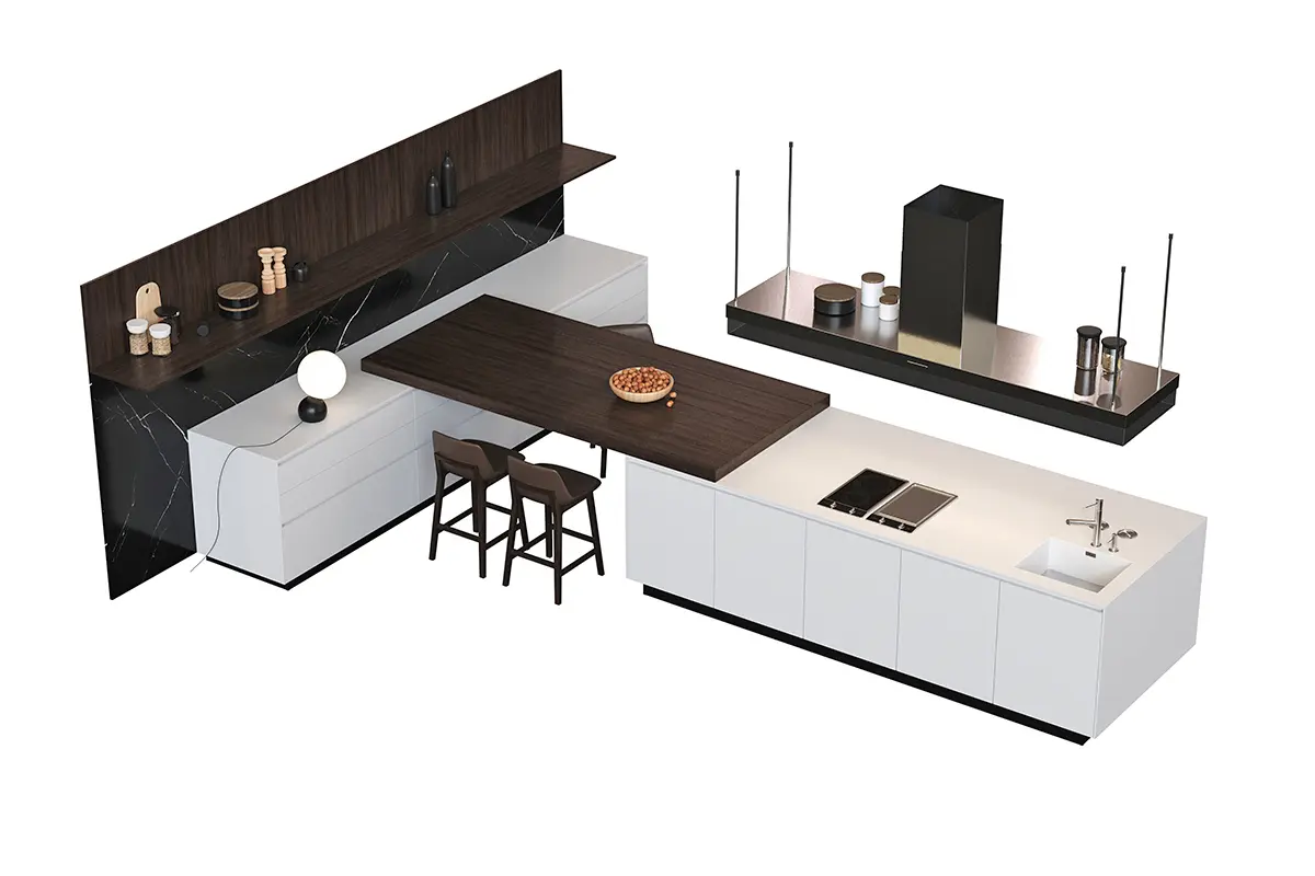 wv - Interaktive Planungsberatung 3D-Rendering einer modernen Küche mit Spüle, Arbeitsplatte und Barbereich.