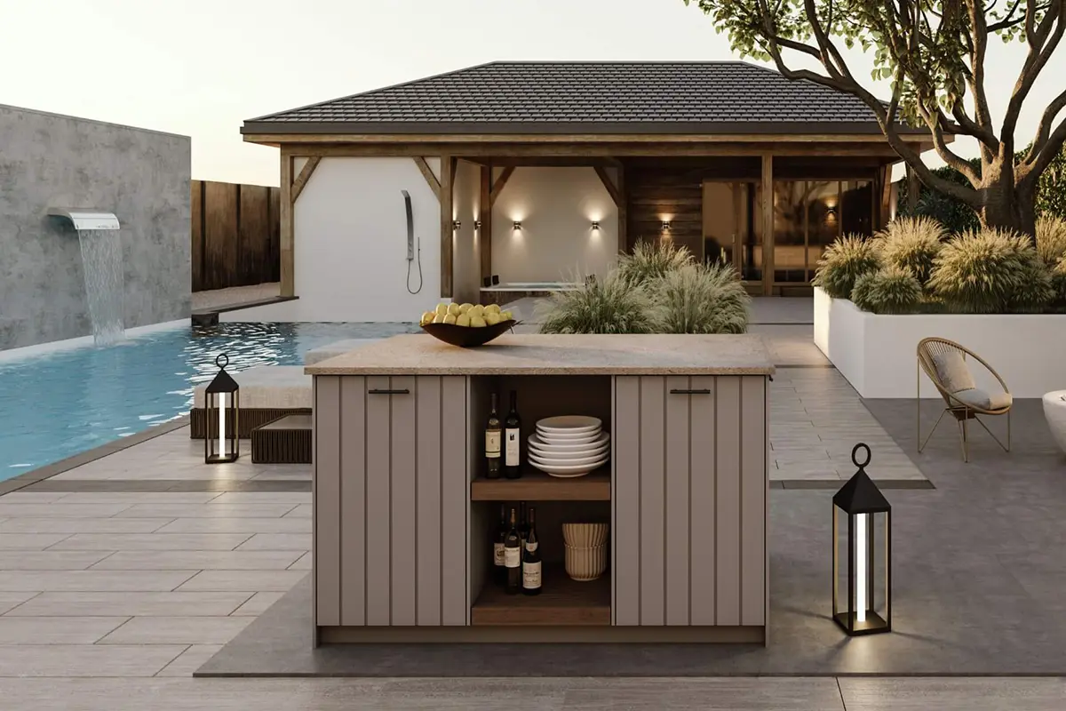 wv - Outdoorküche - Komplettservice Eine Kücheninsel mit einem Tisch und Stühlen neben dem Pool