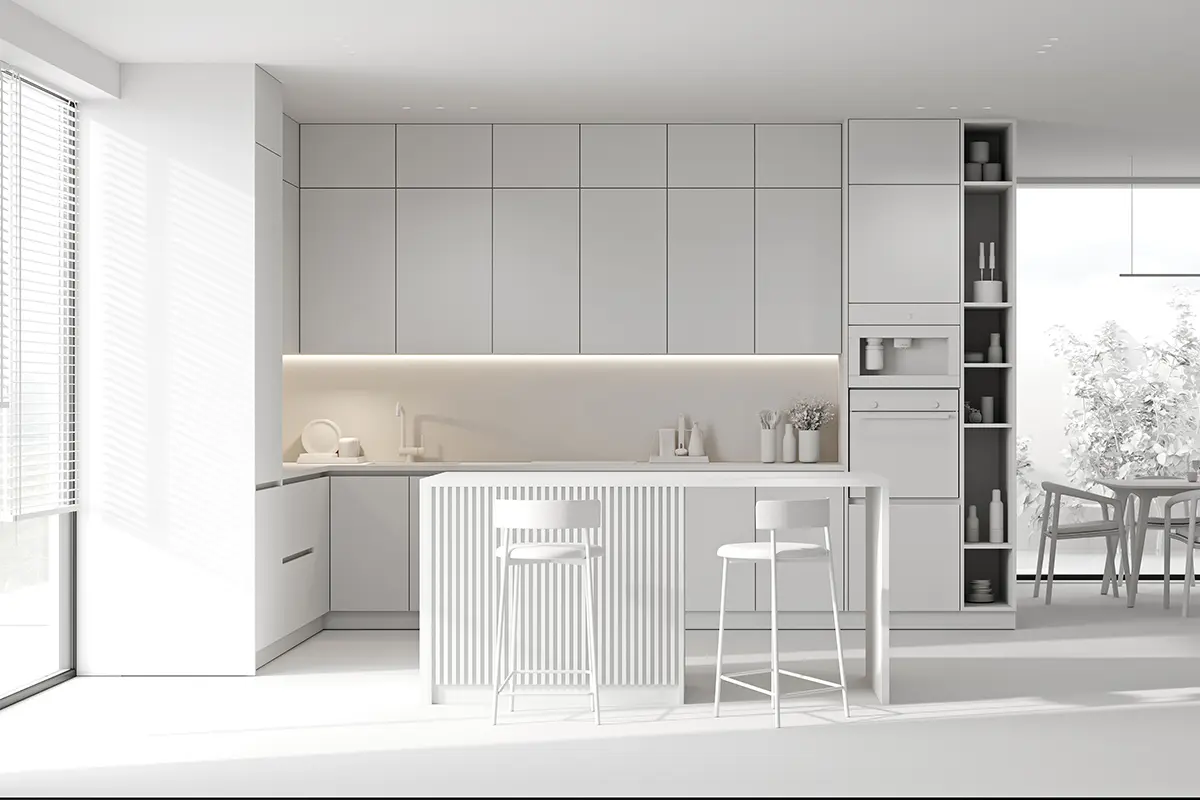 wv - Präzise Planungsphase Render einer modernen Küche als einfache Modellansicht ohne Materialien.